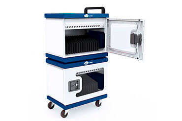Charging and storage trolley for tablets, Chromebooks and laptops, surge protection, front and rear access locking cabinet