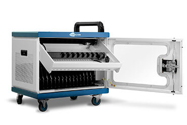 Charging and storage trolley for tablets, Chromebooks and laptops, surge protection, front and rear access locking cabinet